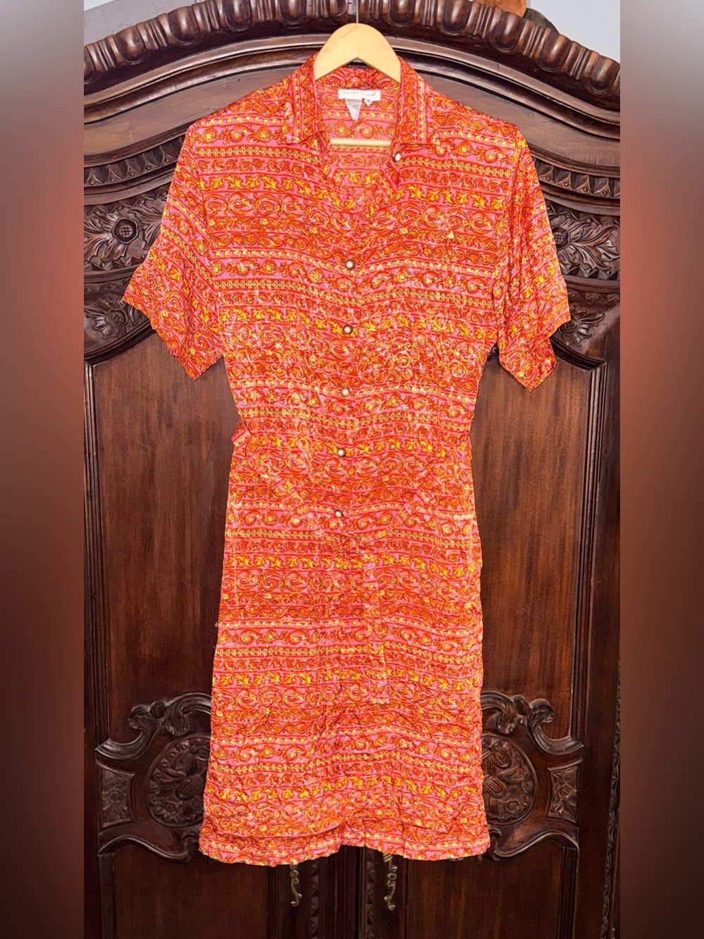 Vintage Schrader Pink Orange Baroque Print Button Front Dress Size 16 Retro Cott